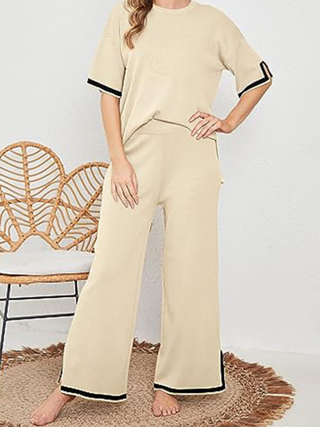 Contrast High-Low Sweater and Knit Pants Set - T - 7 COLORS -