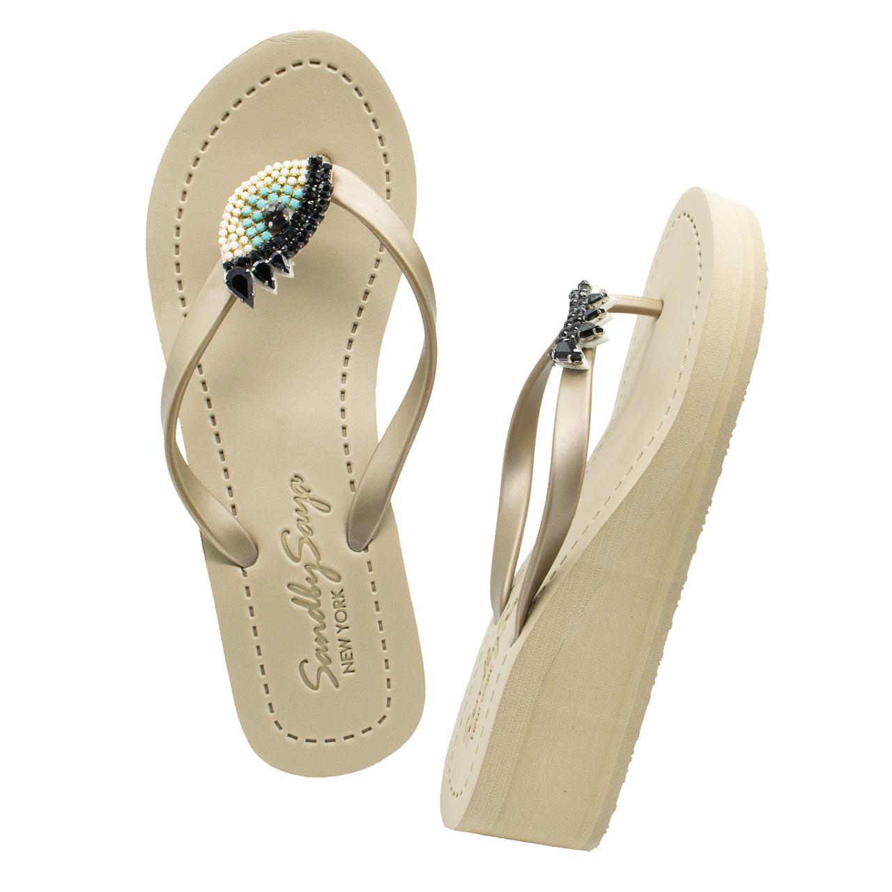 SAND BY SAYA N.Y. - Eyes - Rhinestone Mid Wedge Flip Flops - 2 COLORS -