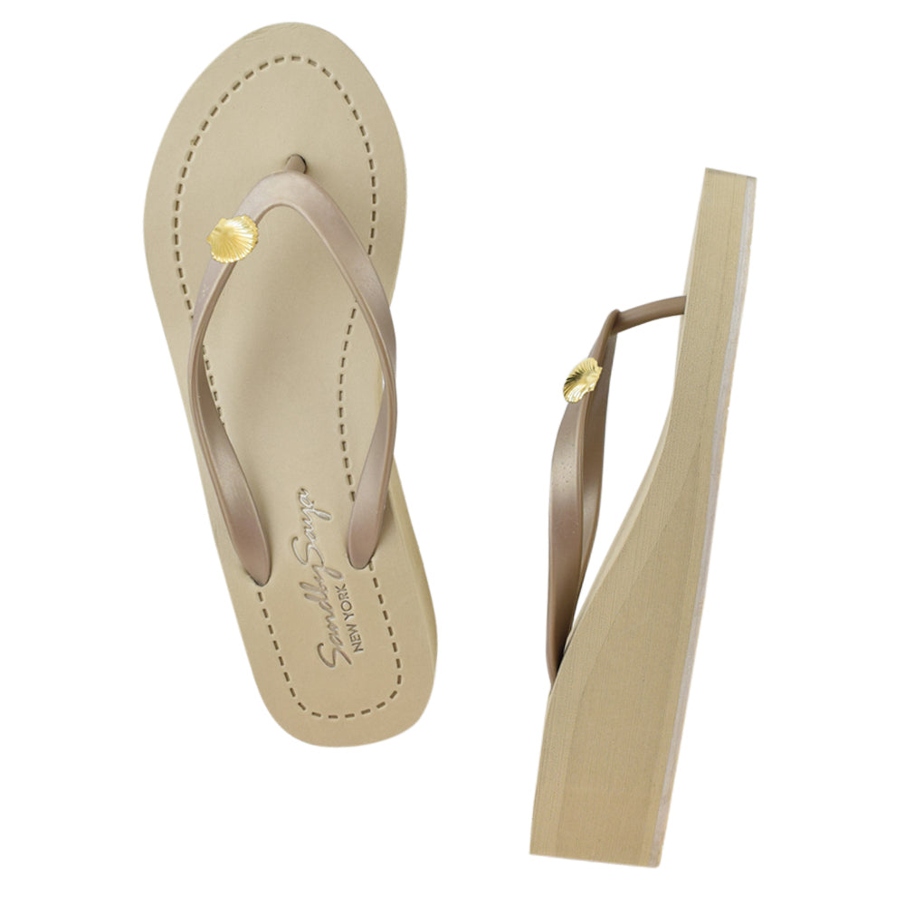 SAND BY SAYA N.Y. - Gold Shell - Mid Wedge Flip Flops - 2 COLORS -