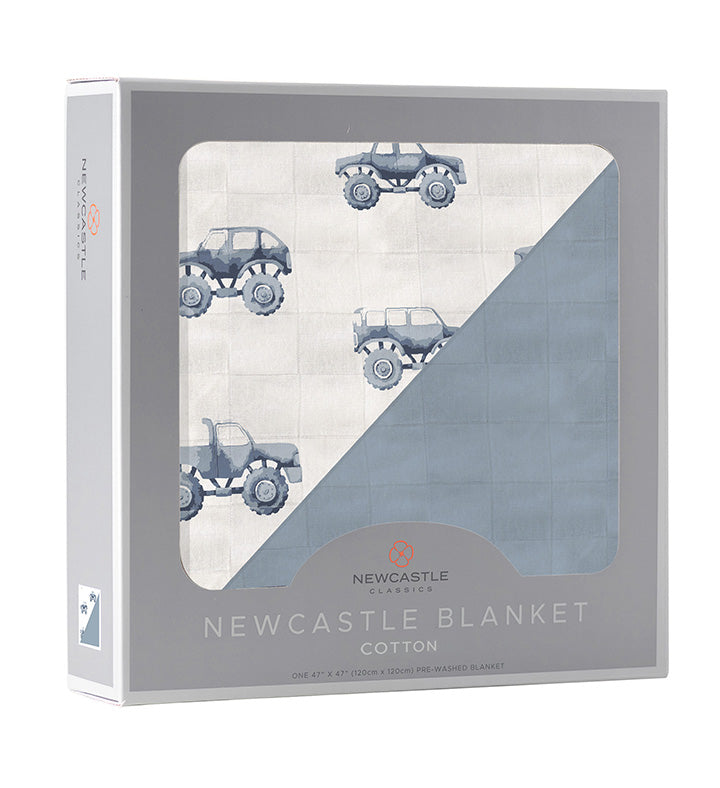 Newcastle - Indigo Monster Trucks and Blue Fog Cotton Newcastle Blanket -