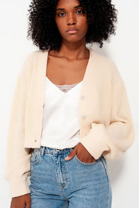 Thumbnail for Q2 - Cardigan With Long Sleeves and Diamante Button Detail in Cream - 1 COLOR