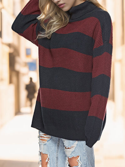 Striped Turtleneck Long Sleeve Sweater - T - 3 COLORS -