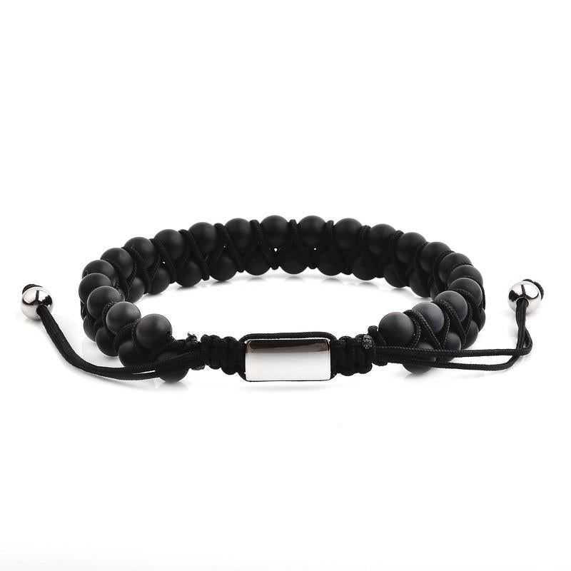 Crucible - Men's Matte Black Agate Stone Beaded Adjustable Bracelet -