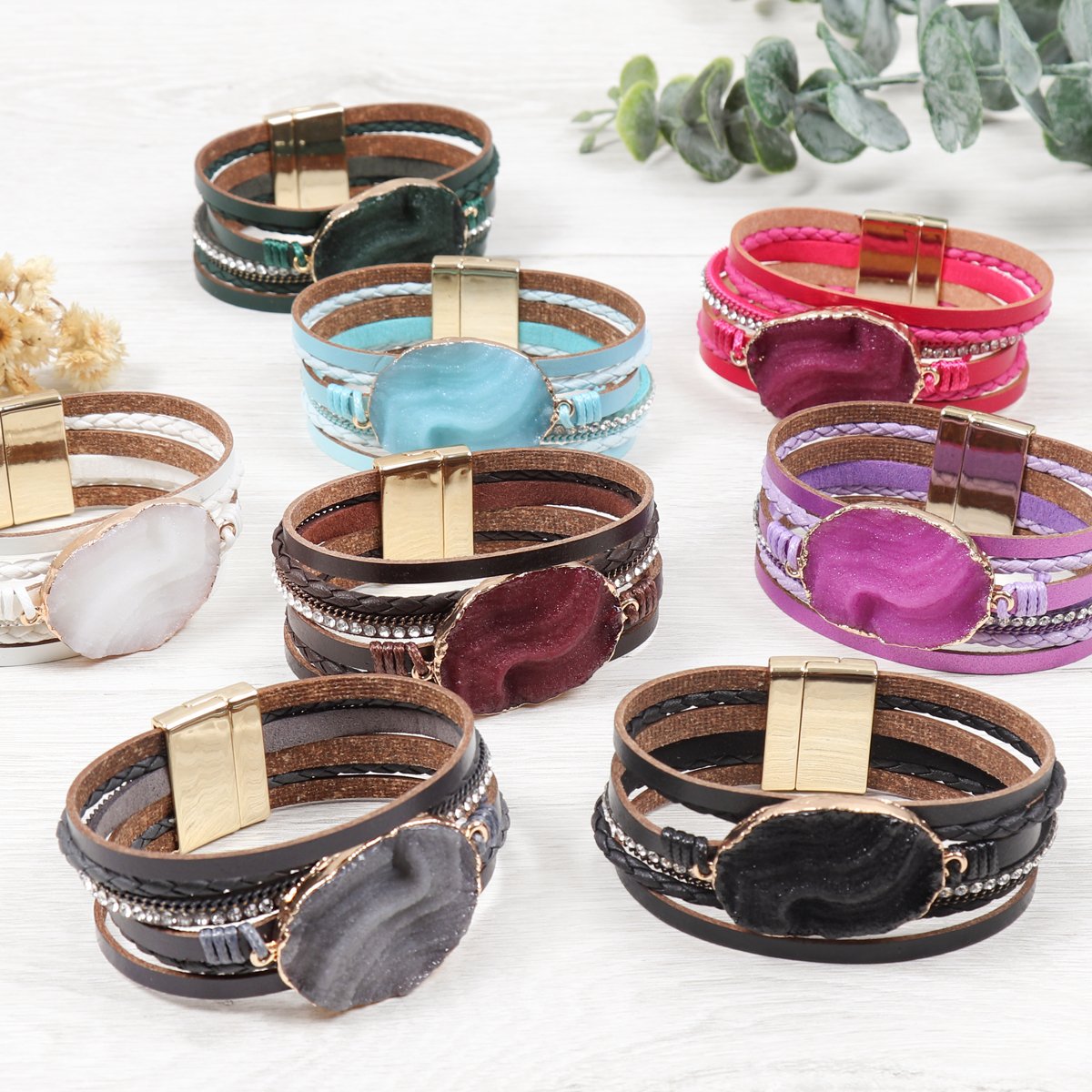 Riah Fashion - Large Semi Stone Leather Wrap Bracelet - 7 COLORS -