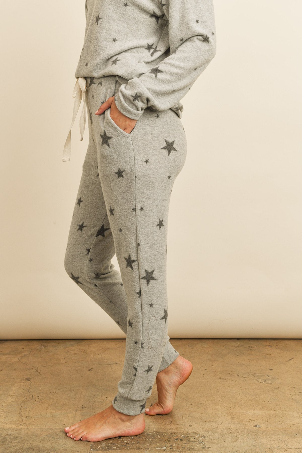 Riah Fashion - Star Print Brushed Top and Joggers Set With Self Tie - 2 PCS - 1 COLOR