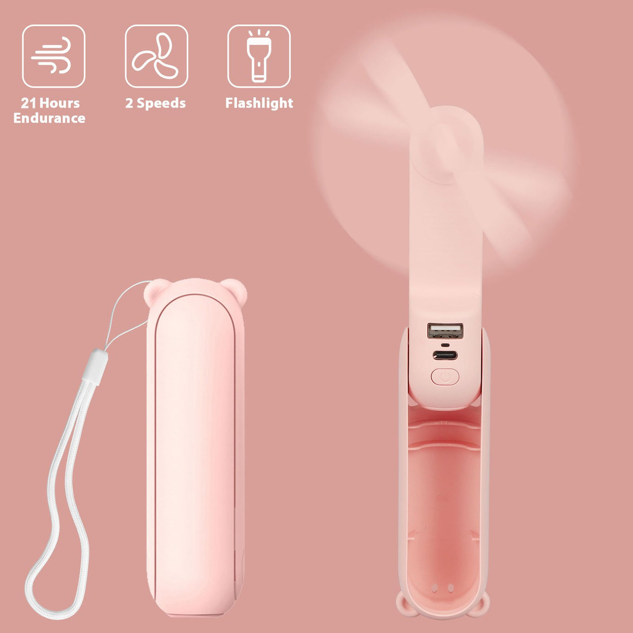 Savoy - Foldable 3 in 1 Handheld Portable Mini Air Cooling Fan & Power Bank 2000mAh - Pink - 1 COLOR -