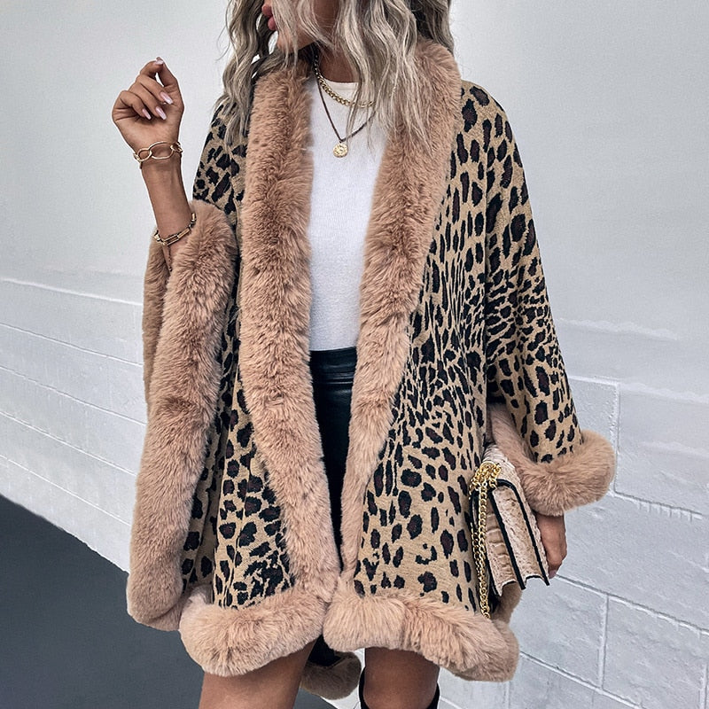 Sharon Tatem - Thick Warm Poncho Faux Fur Collar Cape Coat - Vintage Faux Leopard Sweater Cardigan - Batwing Sleeve Shawl -