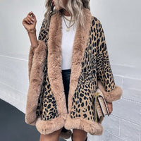 Thumbnail for Sharon Tatem - Thick Warm Poncho Faux Fur Collar Cape Coat - Vintage Faux Leopard Sweater Cardigan - Batwing Sleeve Shawl -