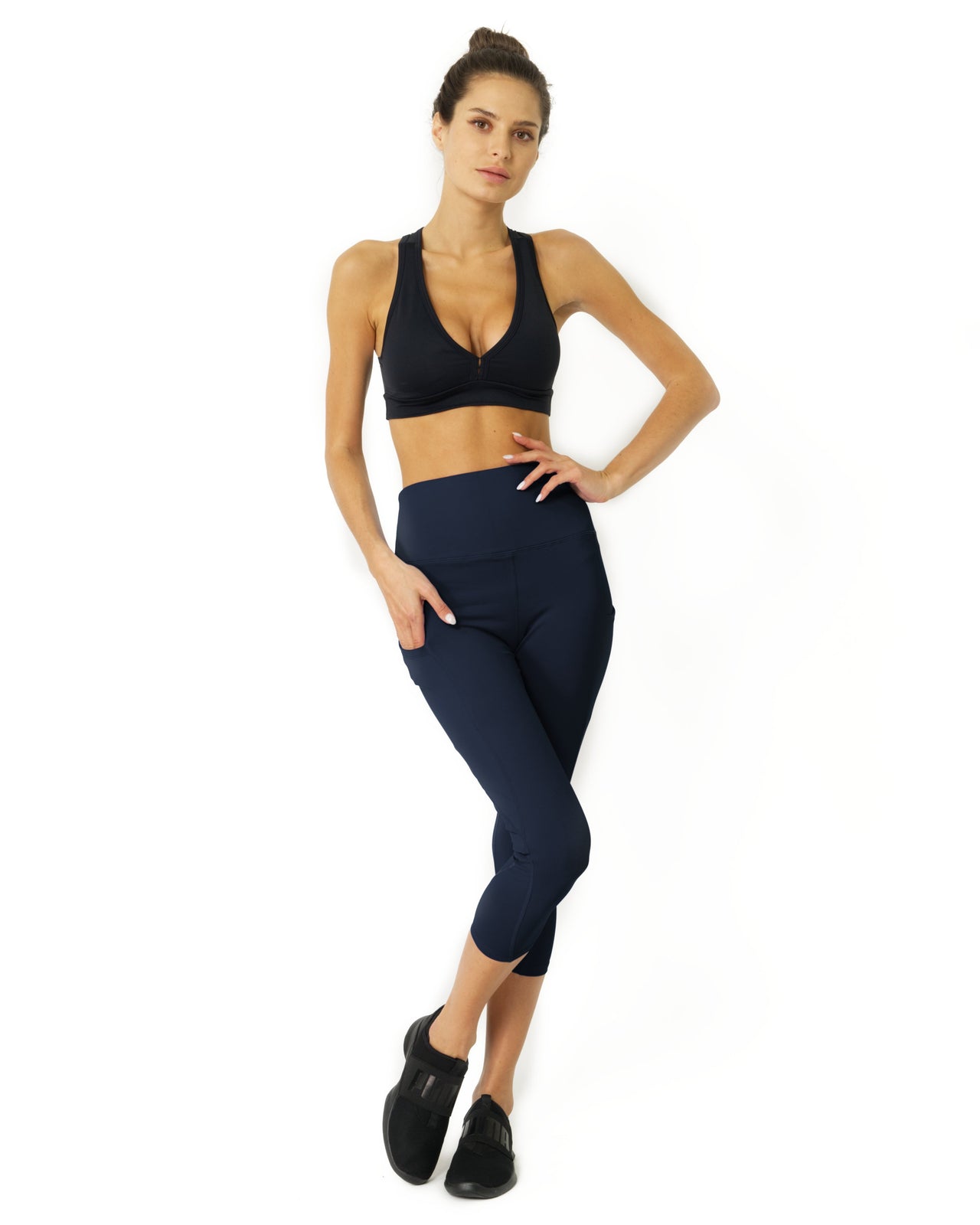 Savoy - High Waisted Yoga Capri Leggings - Navy Blue - 1 COLOR -