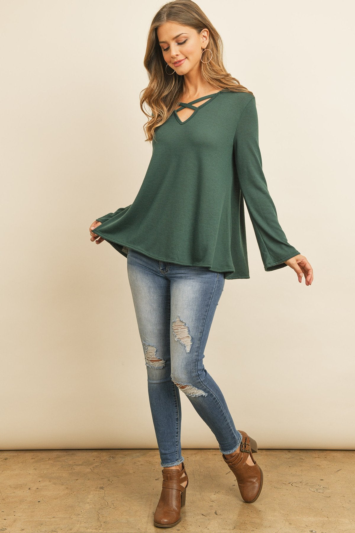 Criss Cross Neck Long Sleeve Hacci Top - 5 COLORS -