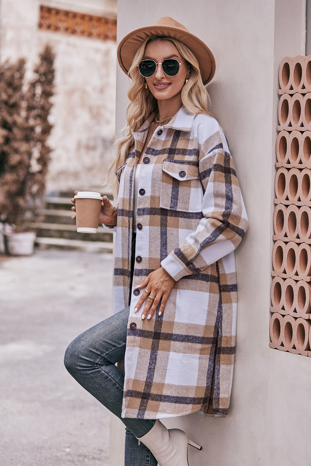 Plaid Dropped Shoulder Longline Jacket - T - 3 COLORS -