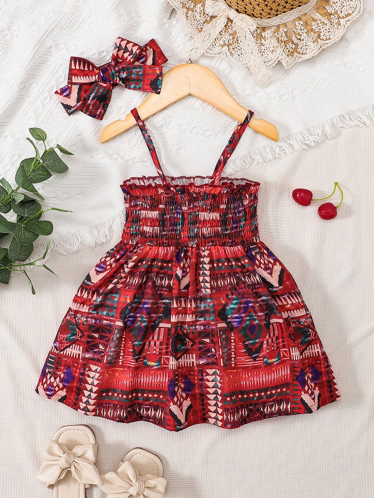 Baby Girl Printed Smocked Pinafore Skirt with Headband - T - 5 SIZES - 1 COLOR -