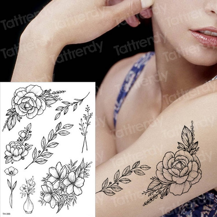 Temporary Tattoos - Black Flower Tattoo Sleeves -Water Transfer Tatoo - Peony Rose Tattoos - Body Art - Girls Arm Tattoos - [8 DAY DELIVERY] - 25 DESIGNS -