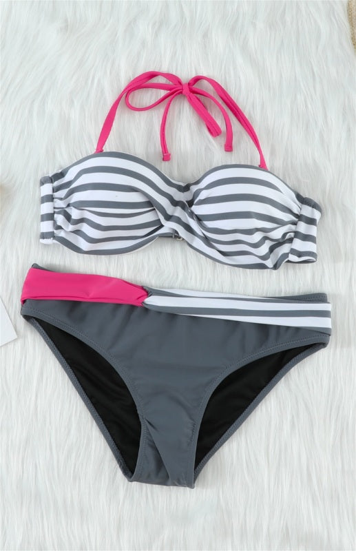 Women's Bikini Stripe Split Swimsuit - K - 4 COLORS -