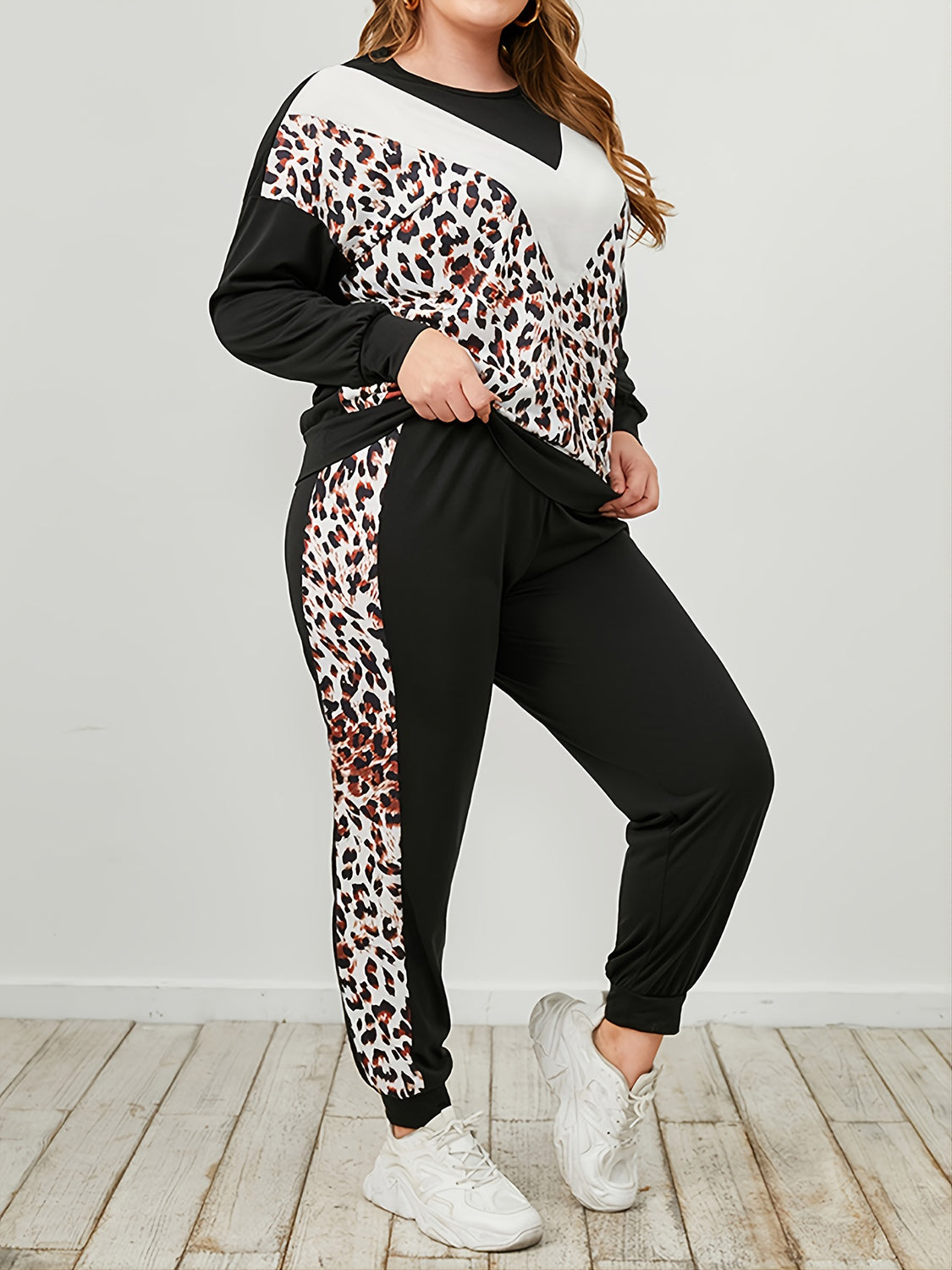 Plus Sizes only - Leopard Sweatshirt and Sweatpants Set - T - 2 PCS. - 1 COLOR -