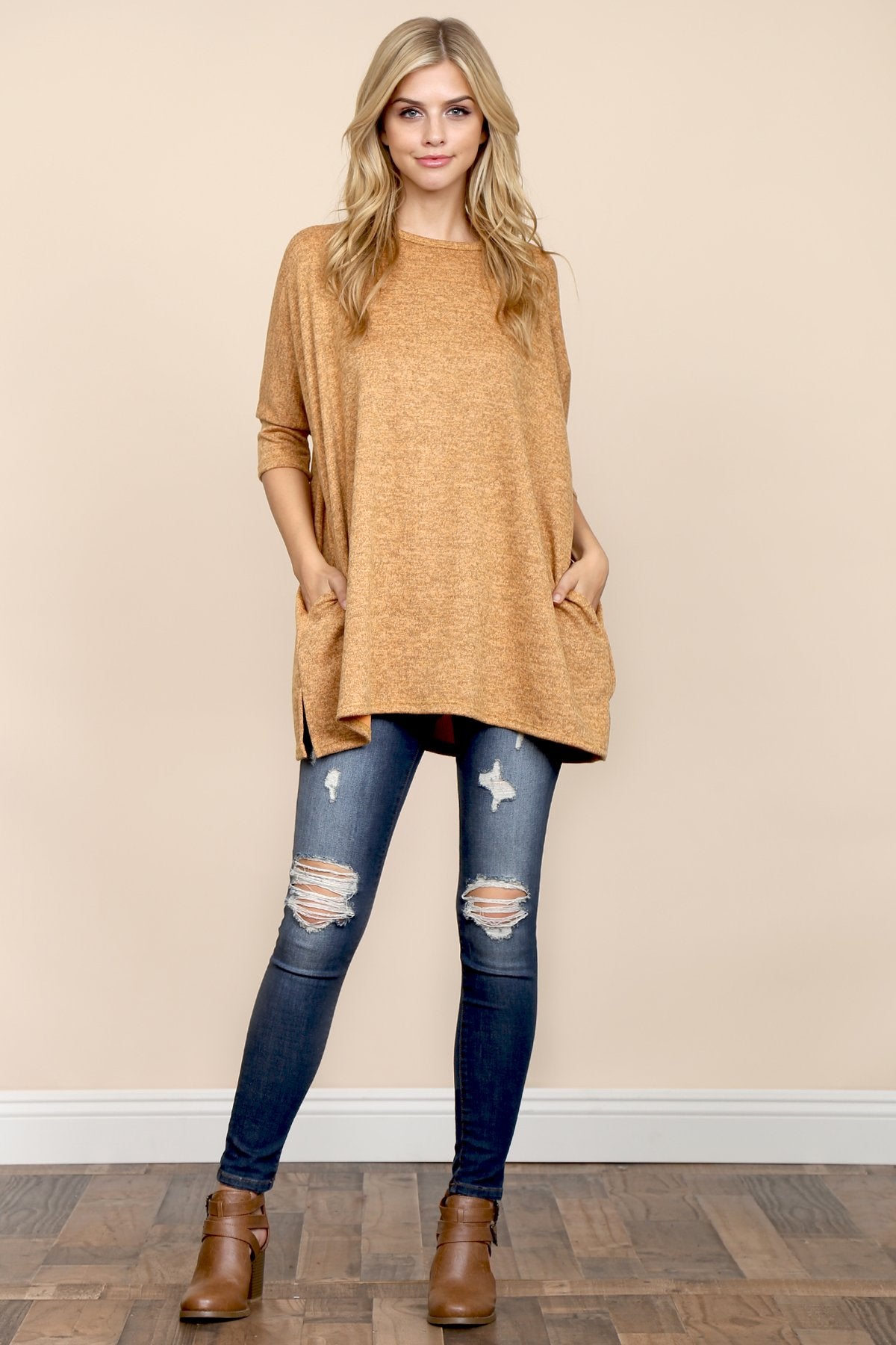 Riah Fashion - Two Tone Hacci Oversized Dropped Shoulder Pocket Tunic - 3 COLORS -