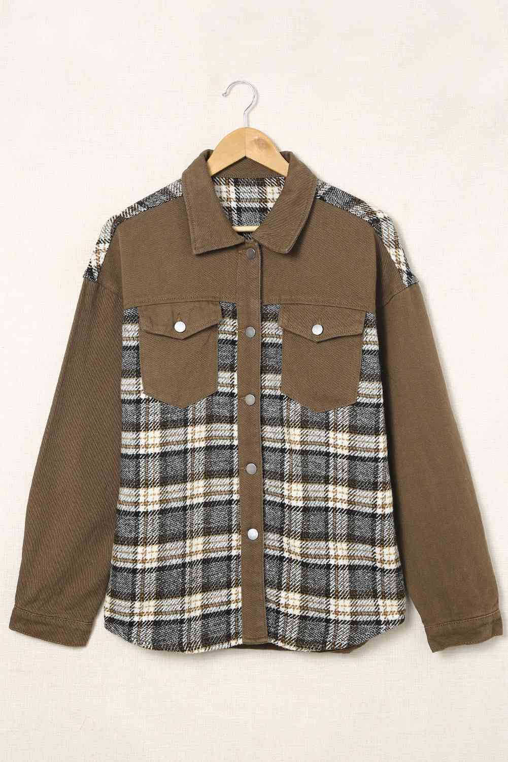 Plaid Collared Denim Jacket - T - 1 COLOR -