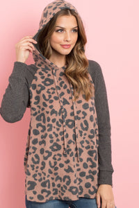 Thumbnail for Riah Fashion - Waffle Sleeve Leopard Drawstring Hoodie - 3 COLORS -