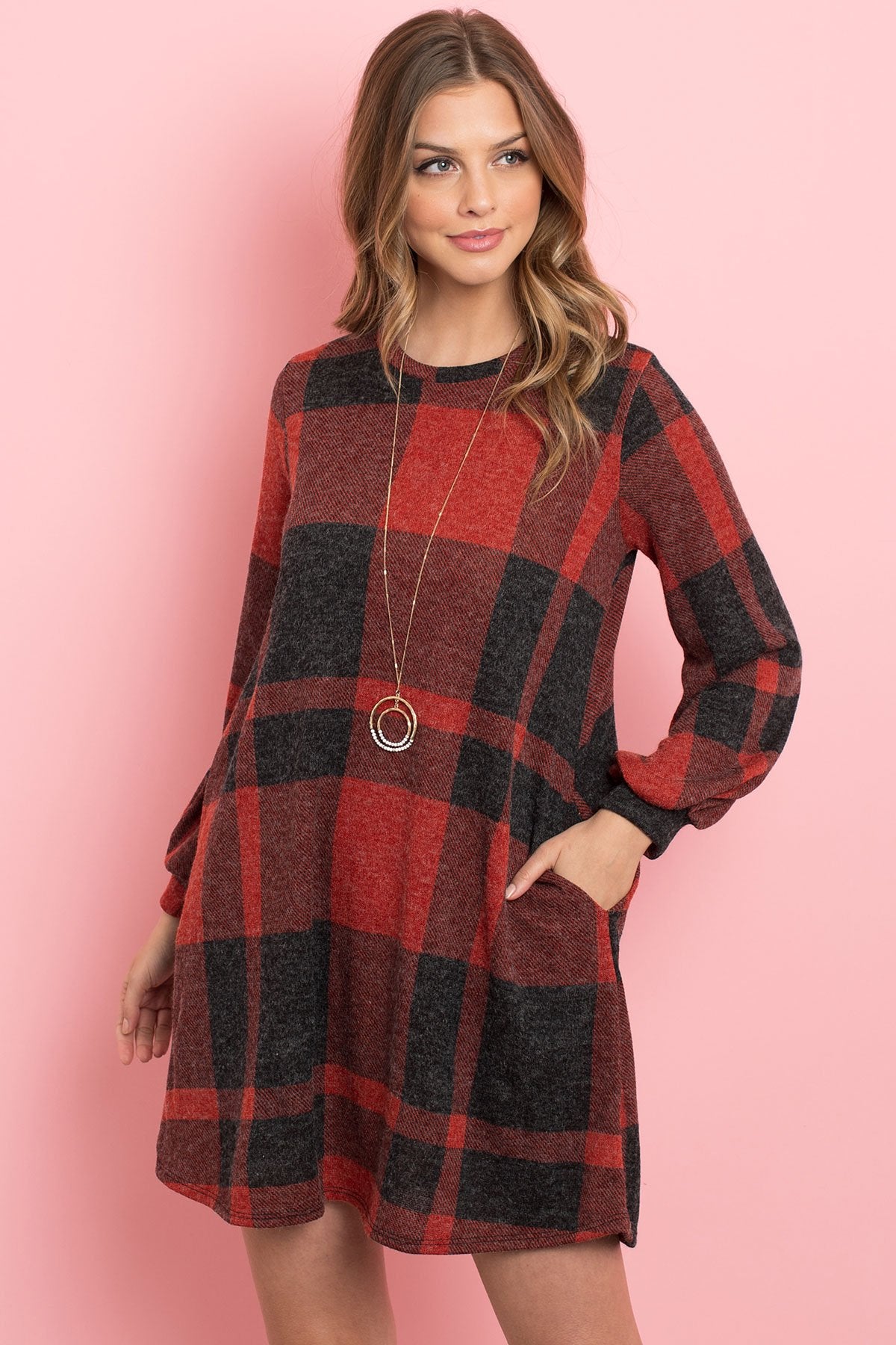 Riah Fashion - Round Neck Puff Sleeved Plaid Knee Length Dress - 3 COLORS -