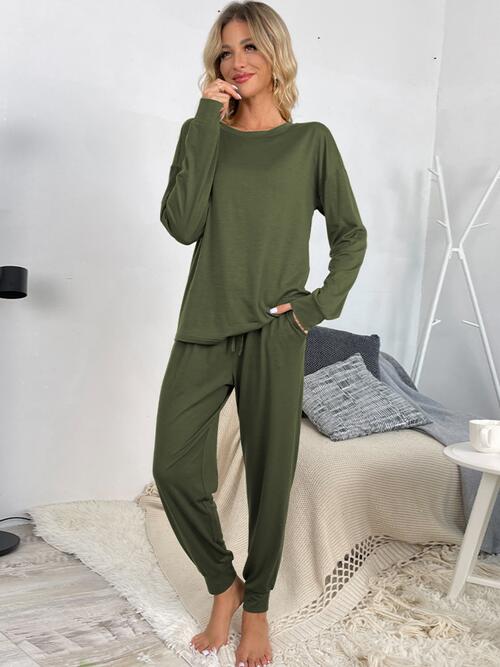 Round Neck Top and Drawstring Pants Lounge Set - 2 PCS. - T - 4 COLORS -