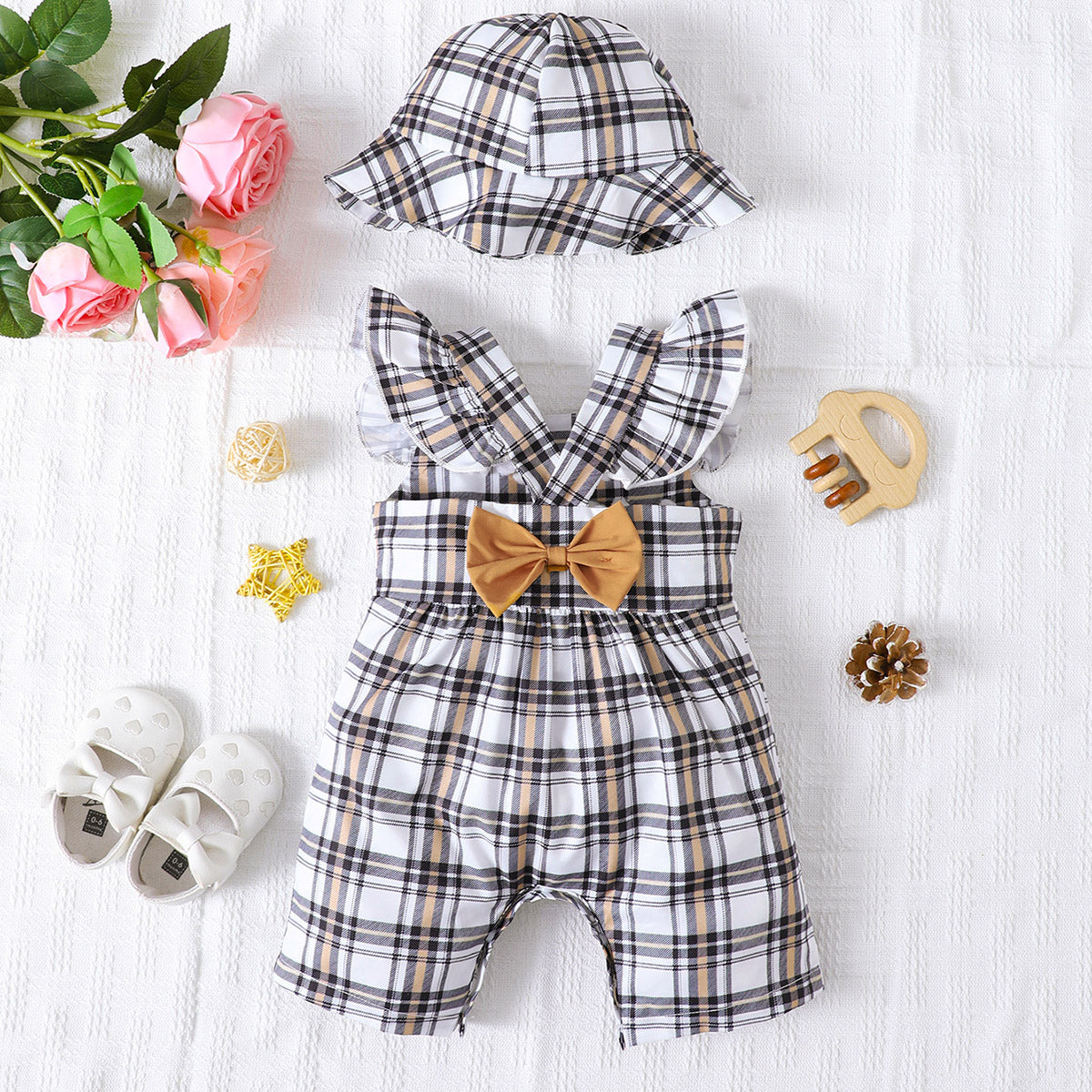 Plaid Square Neck Bow Detail Jumpsuit with Hat - T - 5 SIZES - 1 COLOR -