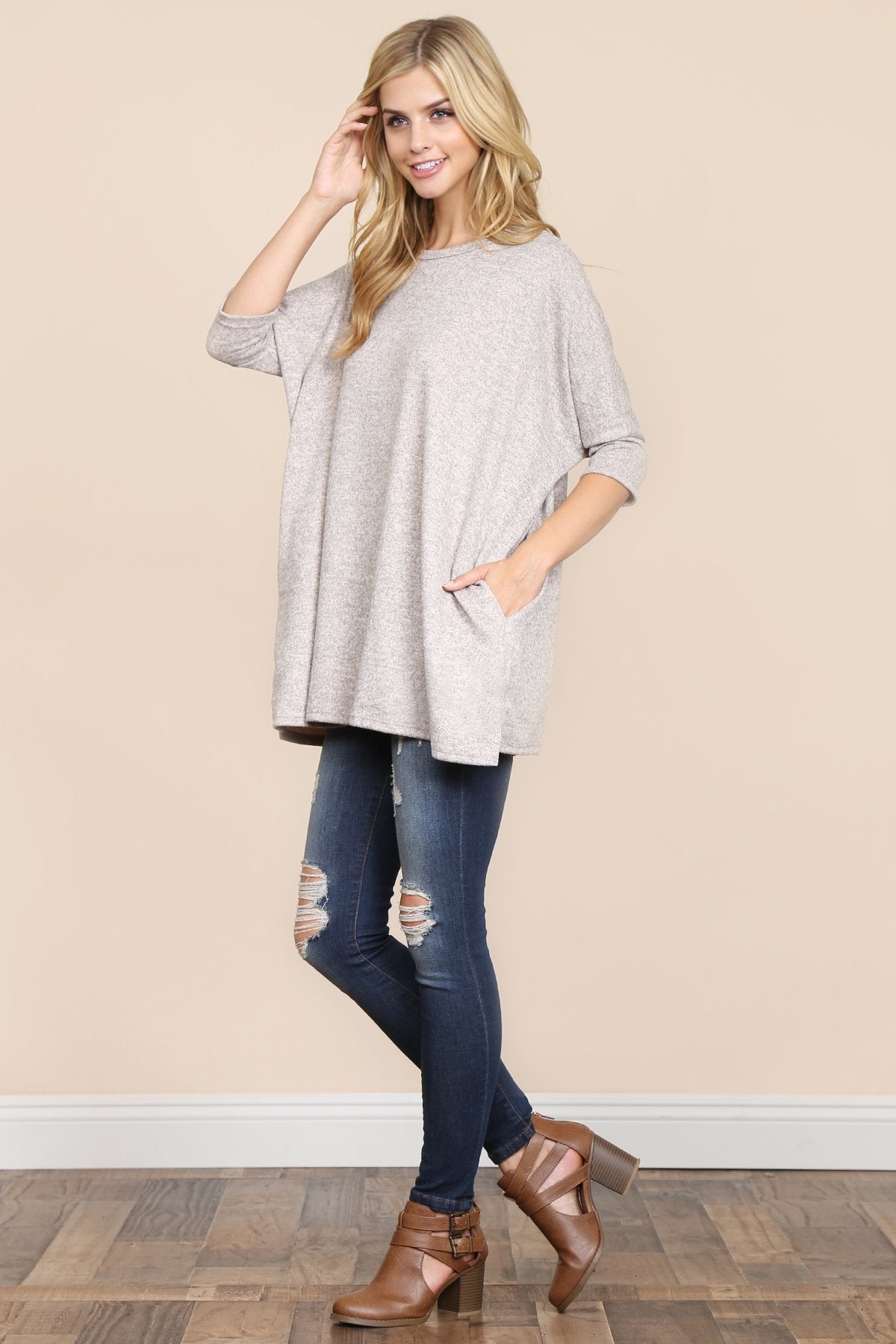 Riah Fashion - Two Tone Hacci Oversized Dropped Shoulder Pocket Tunic - 3 COLORS -