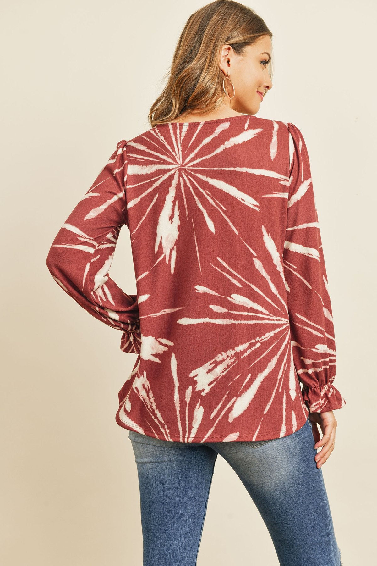 Riah Fashion - Tie Dye Ruffle Sleeve V-Neck Round Hem Top - 2 COLORS -