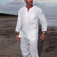 Thumbnail for Men's new casual solid color lace-up beach cotton and linen set - 2 PCS. - K - 2 COLORS -