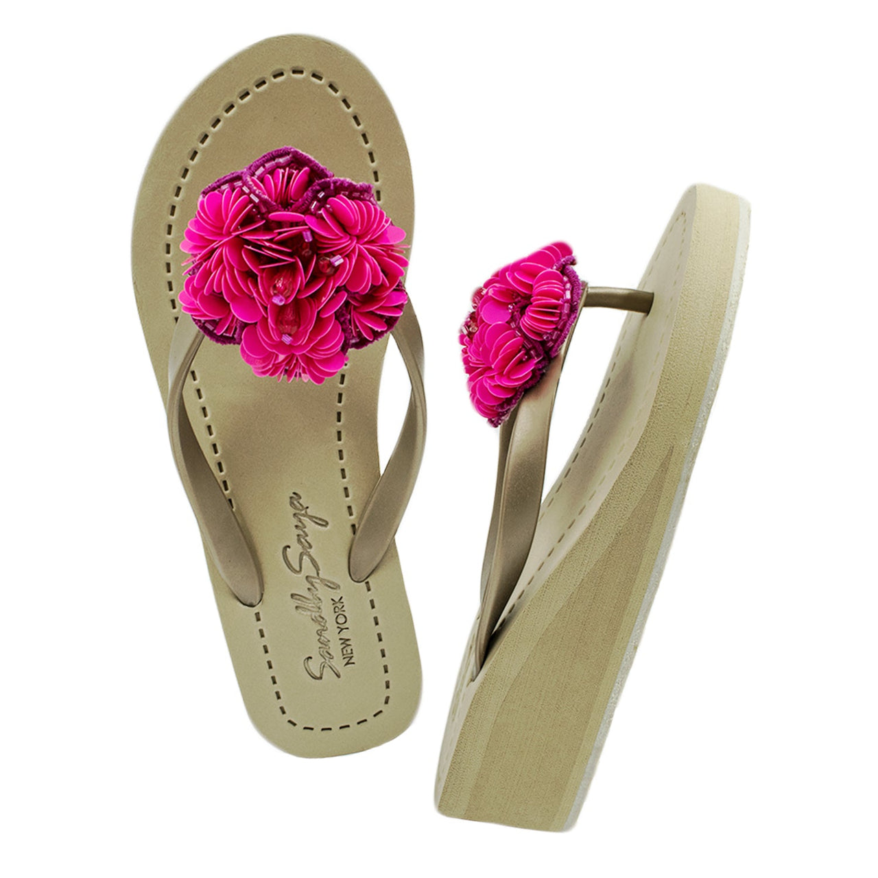 SAND BY SAYA N.Y. - Noho Pink Flower - Embroidered Mid Wedge Flip Flops - 1 COLOR -