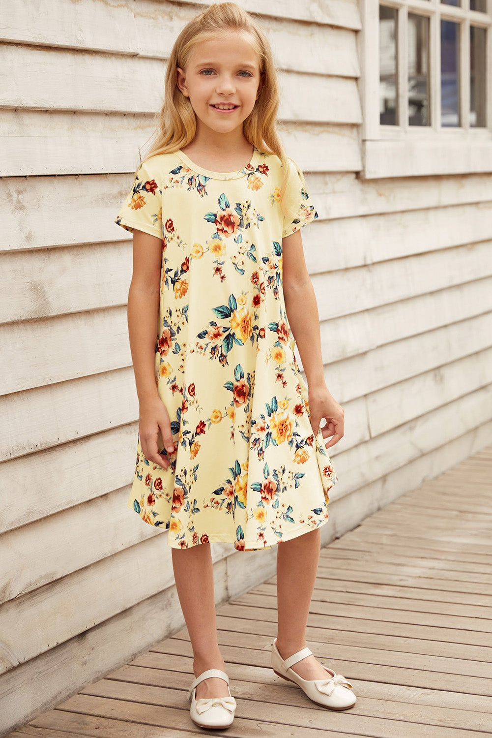 Girls Floral Round Neck Short Sleeve Dress with Pockets - T - 4 SIZES - 2 COLORS -