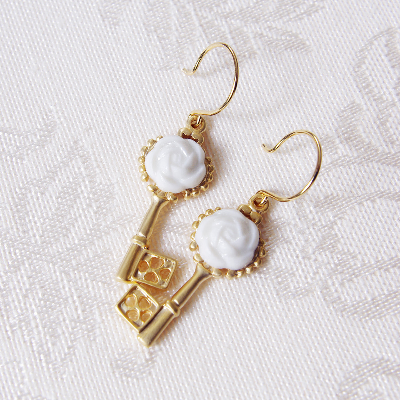 Porcelain Camellia Golden Key Earrings -