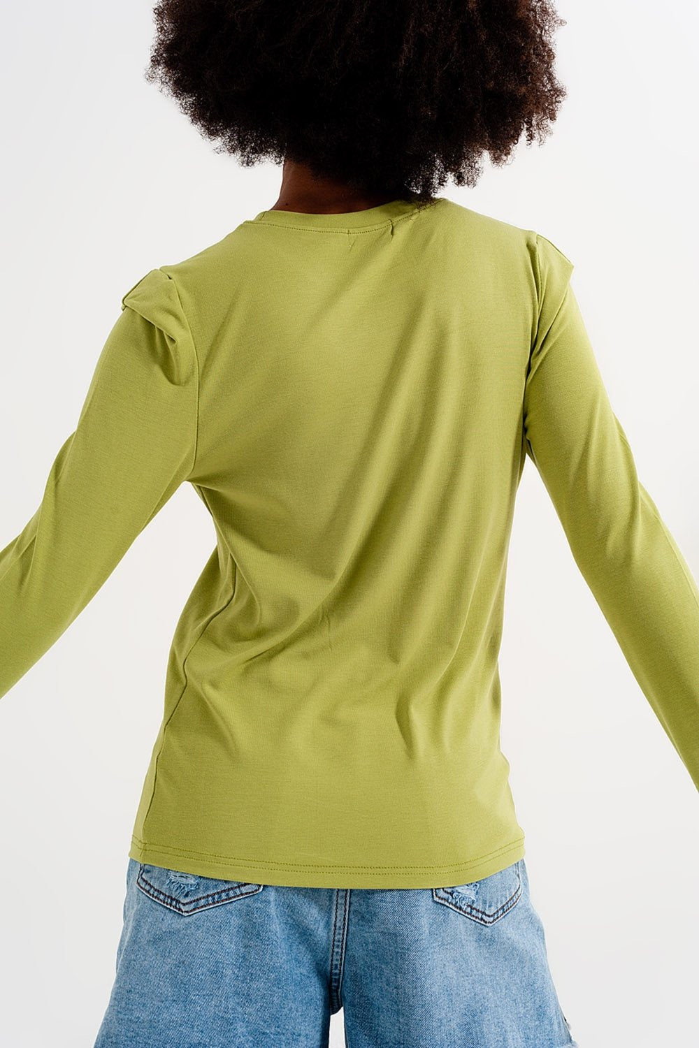 Q2 - Long Sleeve Top With Shoulder Detail in Green - 1 COLOR -