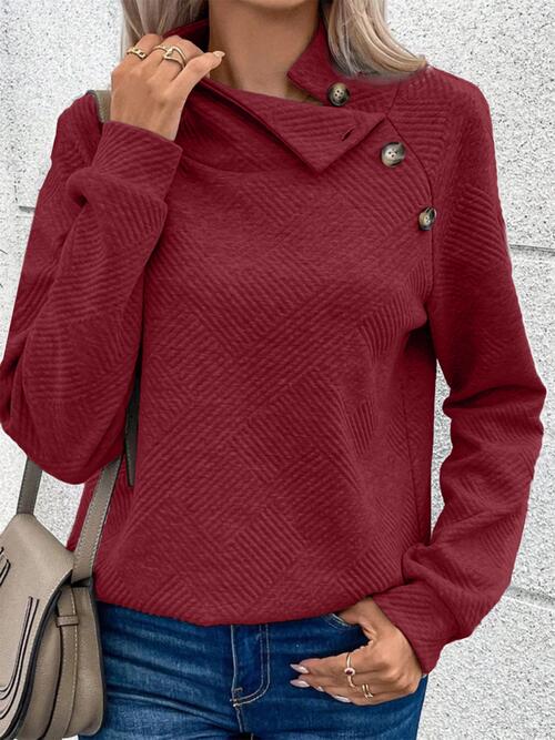 Buttoned Mock Neck Long Sleeve Sweatshirt - T - 3 COLORS -