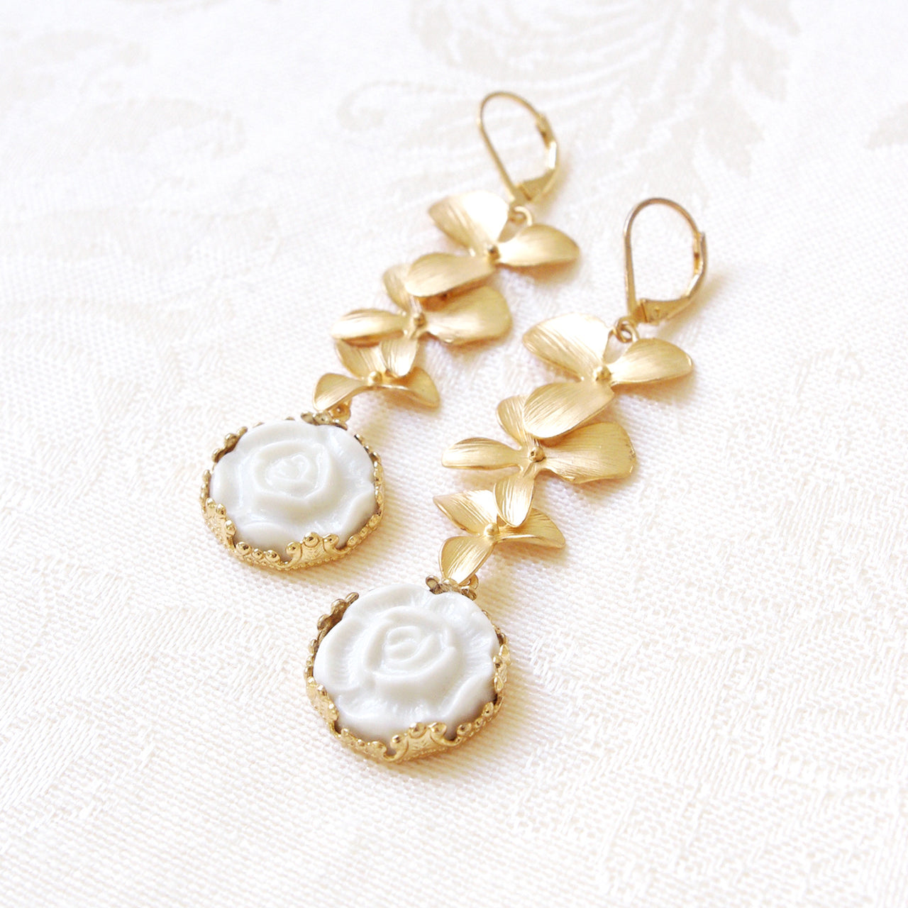 Porcelain Moonlight Rose and Triple Leaves Drop Earrings -