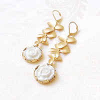 Thumbnail for Porcelain Moonlight Rose and Triple Leaves Drop Earrings -