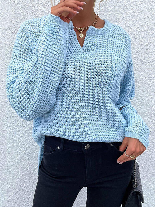 Notched Long Sleeve Sweater - T - 6 COLORS -