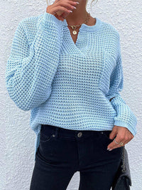 Thumbnail for Notched Long Sleeve Sweater - T - 6 COLORS -