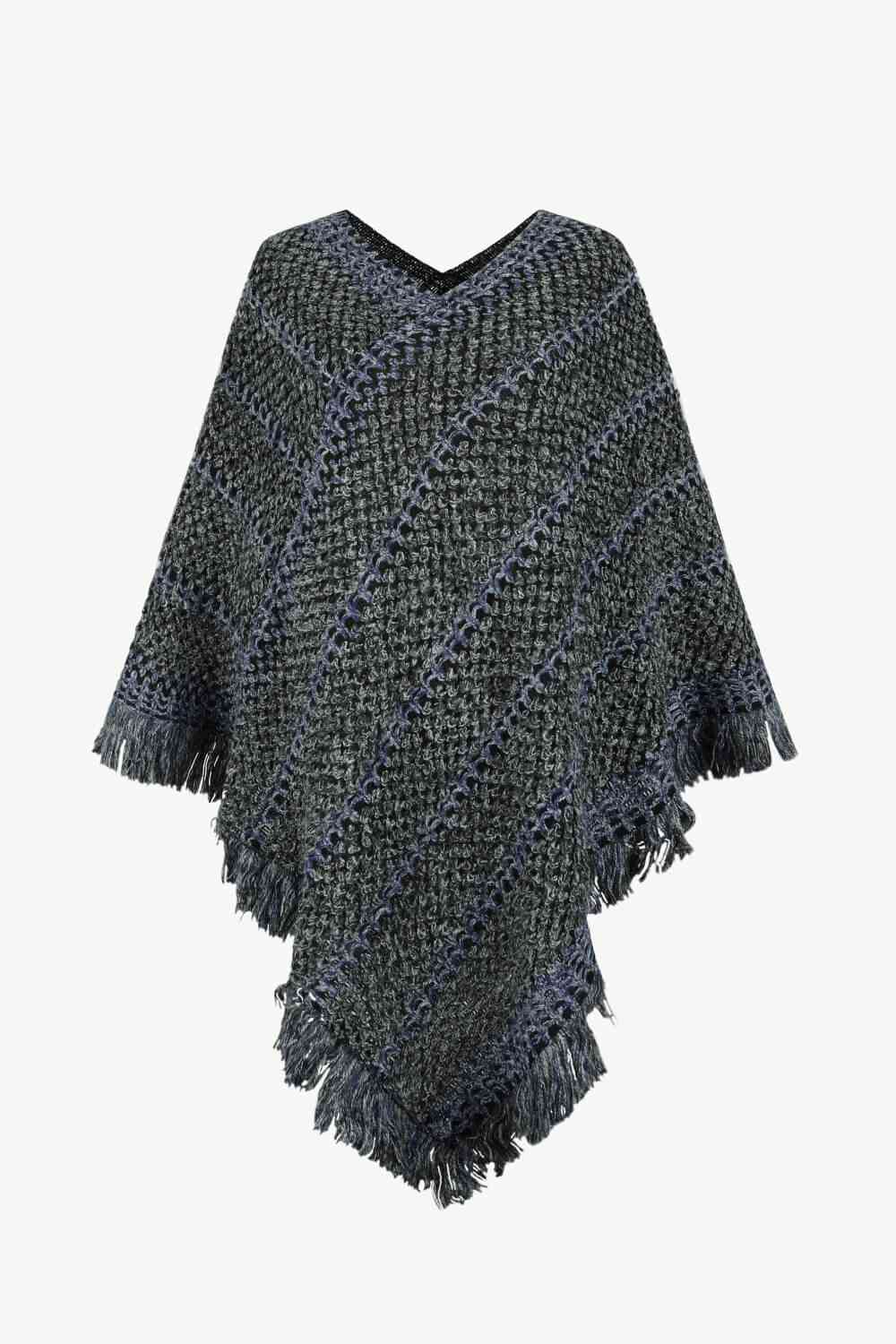 V-Neck Fringe Hem Poncho - ONE SIZE - T - 6 COLORS -