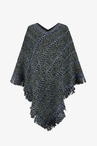 Thumbnail for V-Neck Fringe Hem Poncho - ONE SIZE - T - 6 COLORS -