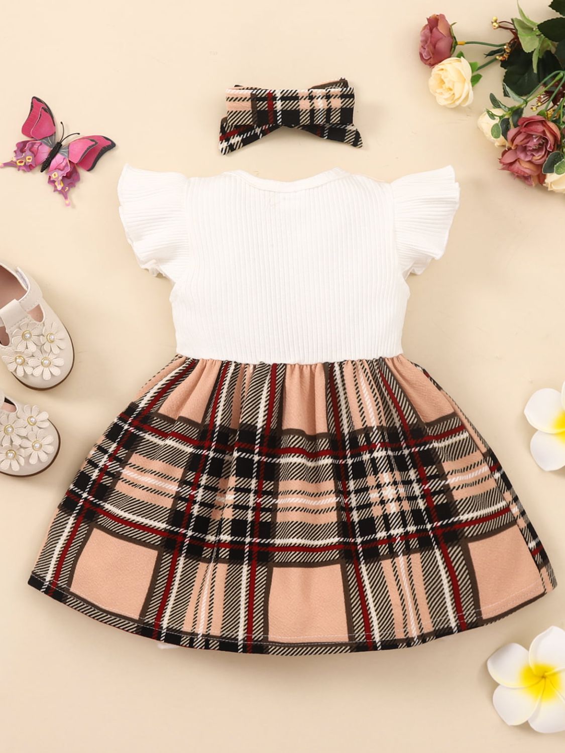 Girls Plaid Bow Detail Ribbed Dress with Headband - T - 6 SIZES - 1 COLOR -