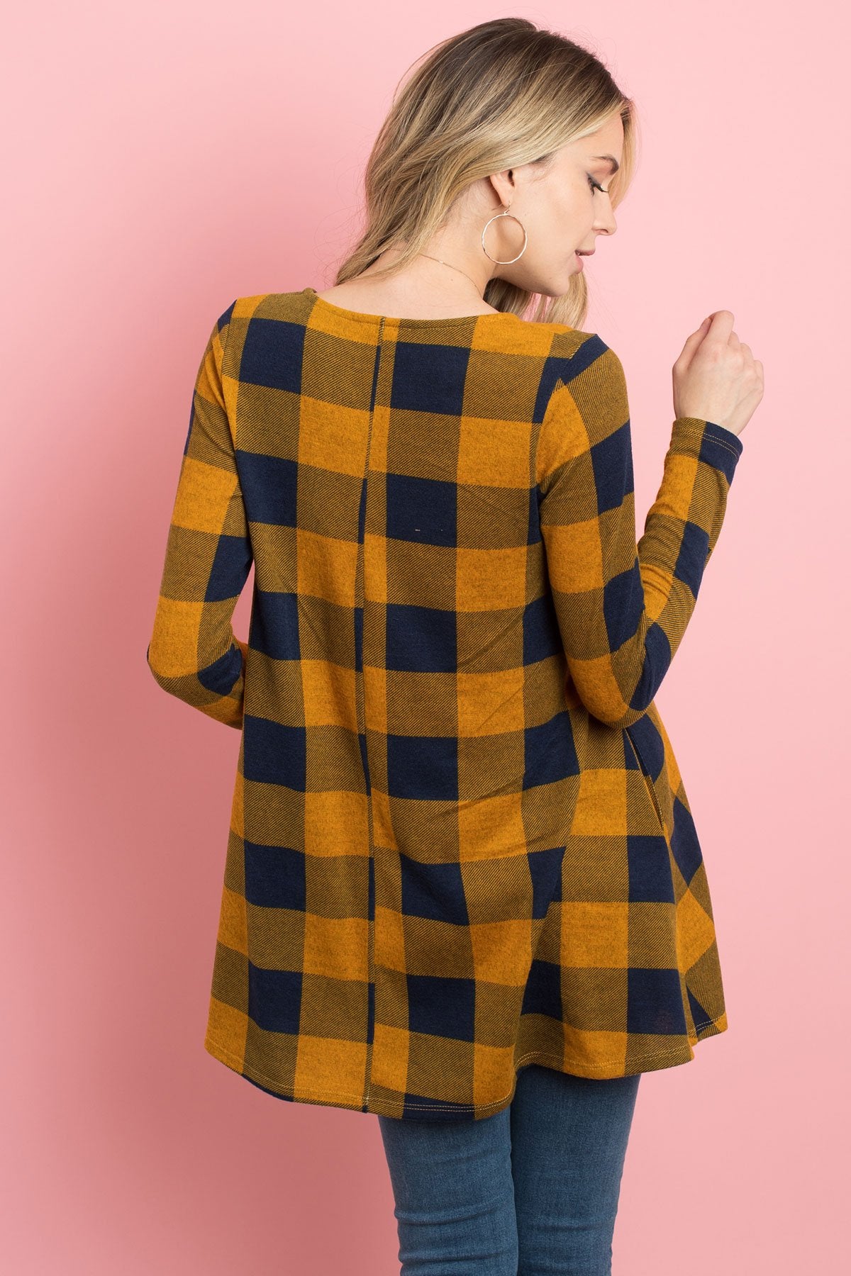 Riah Fashion - Plaid Long Sleeves A-Line Top - 4 COLORS -