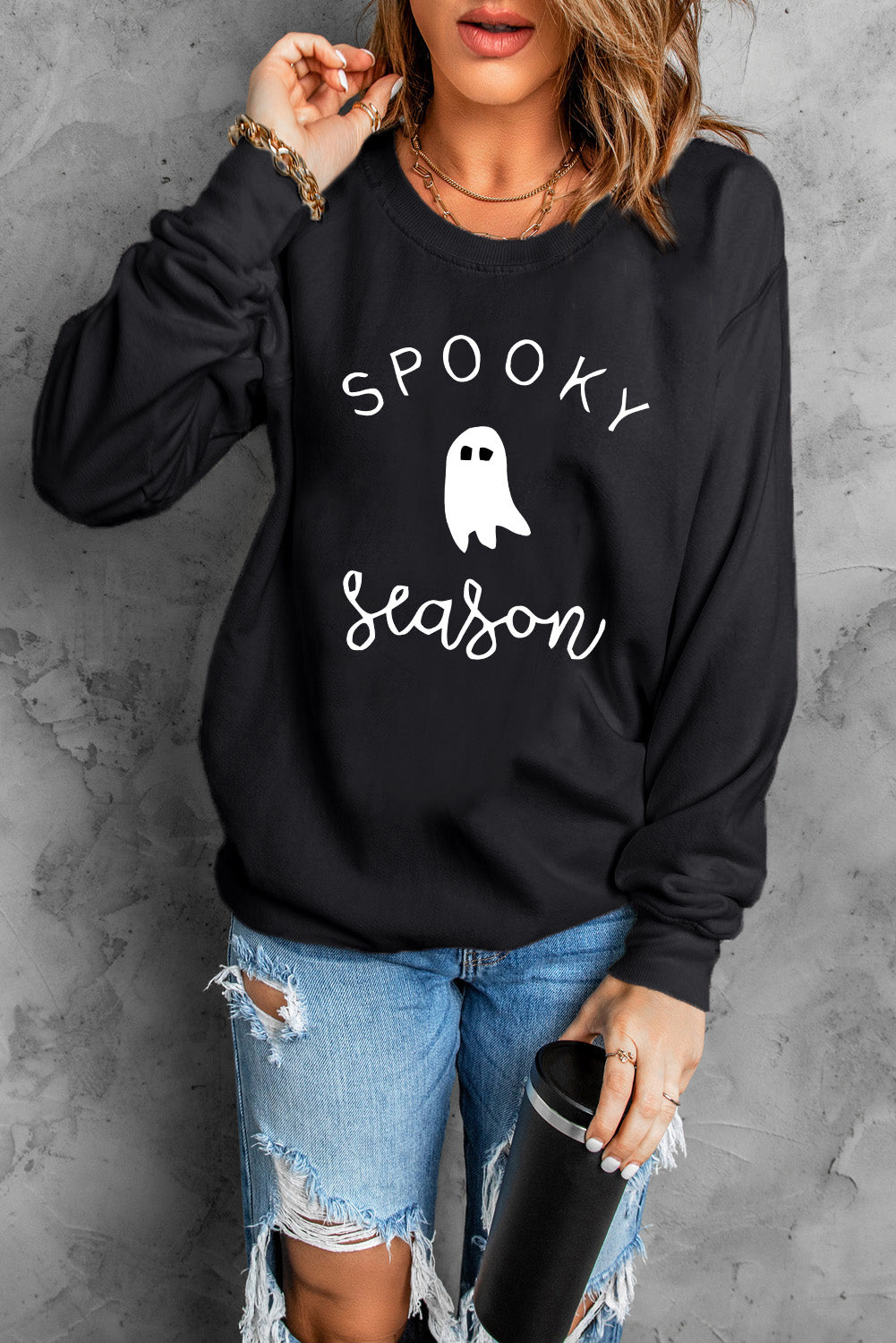 Round Neck Long Sleeve SPOOKY SEASON Graphic Sweatshirt - T - 1 COLOR -