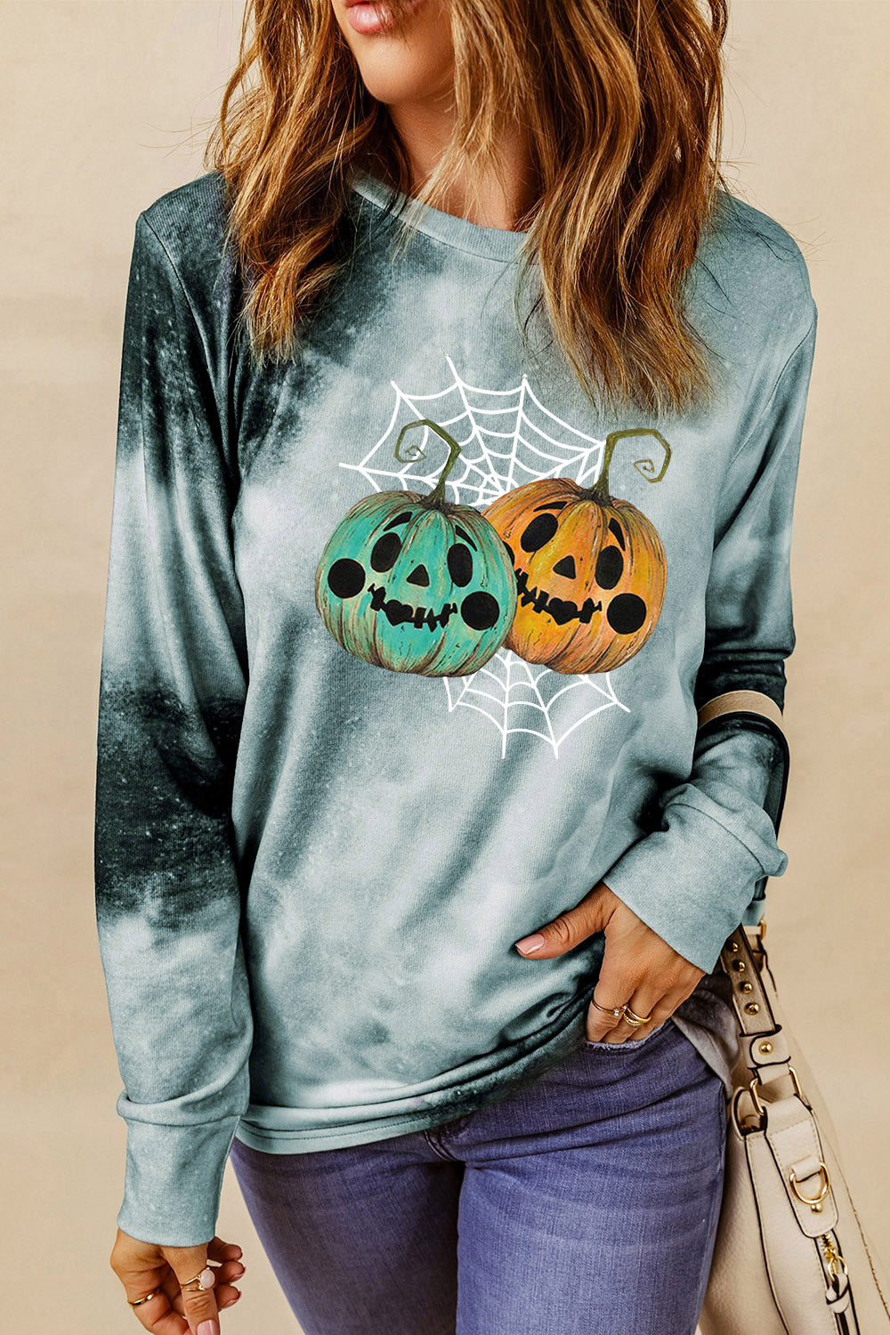 Round Neck Long Sleeve Halloween Graphic Sweatshirt - T - 1 COLOR -