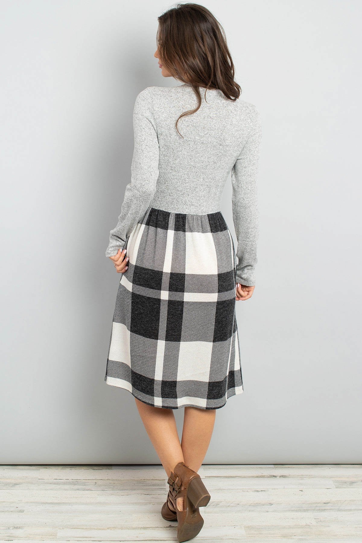 Riah Fashion - Two Toned High Neck Long Sleeves Plaid Contrast Dress - 3 COLORS -