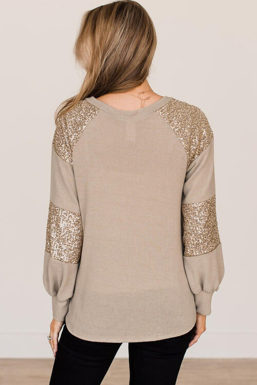 Sequin Round Neck Long Sleeve T-Shirt - T - 1 COLOR -