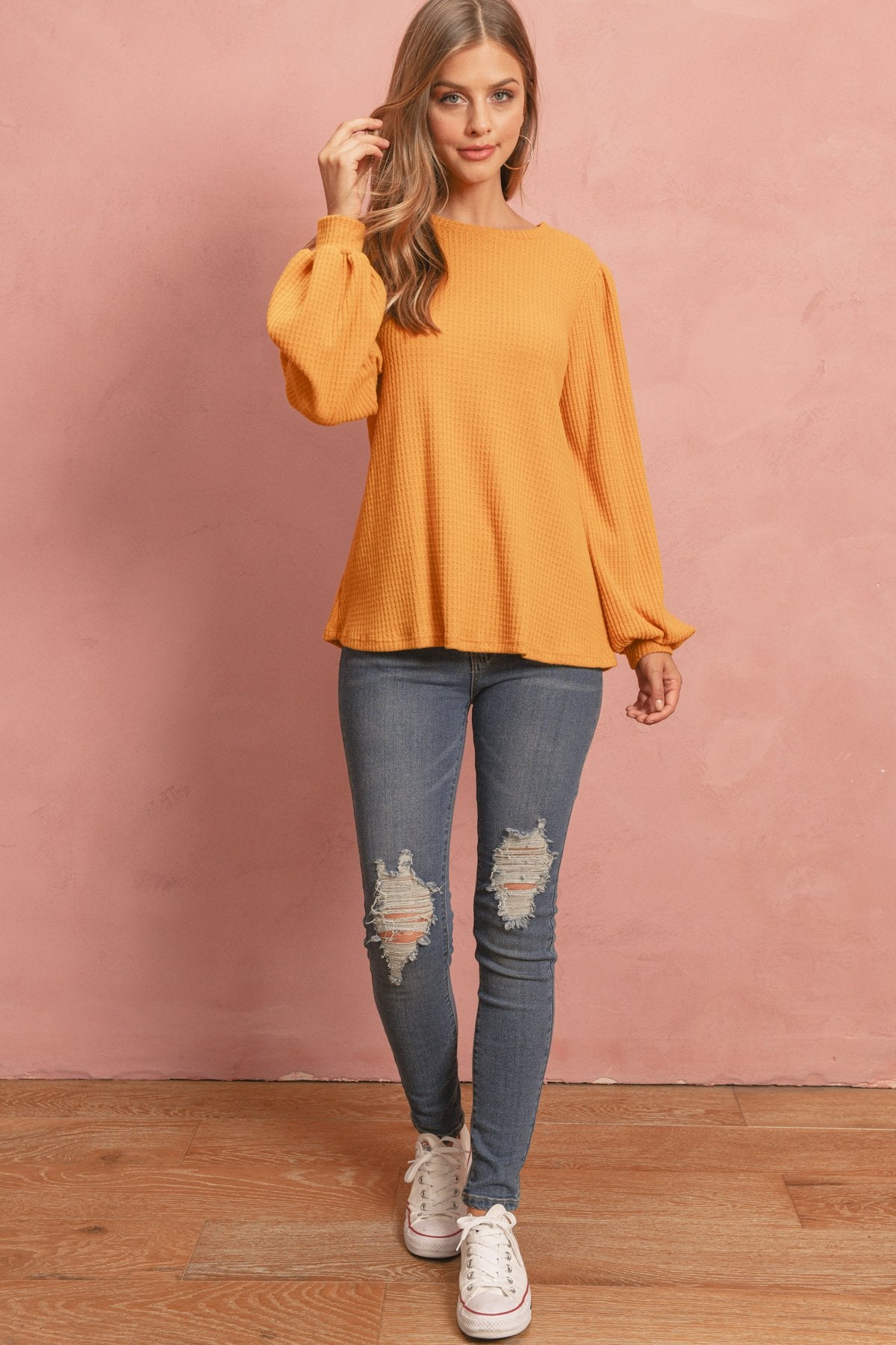 Riah Fashion - Puff Sleeved Waffle Top - 9 COLORS -