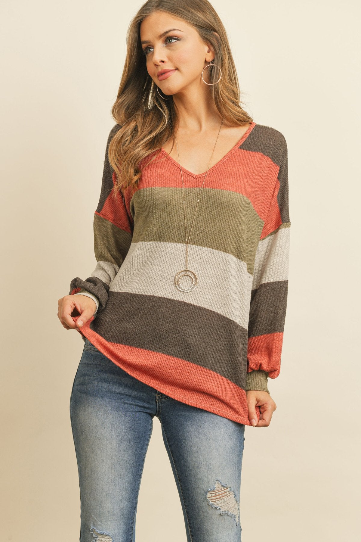 Riah Fashion - Rib Multicolor Stripes V-Neck Puff Sleeves Top - 3 COLORS -