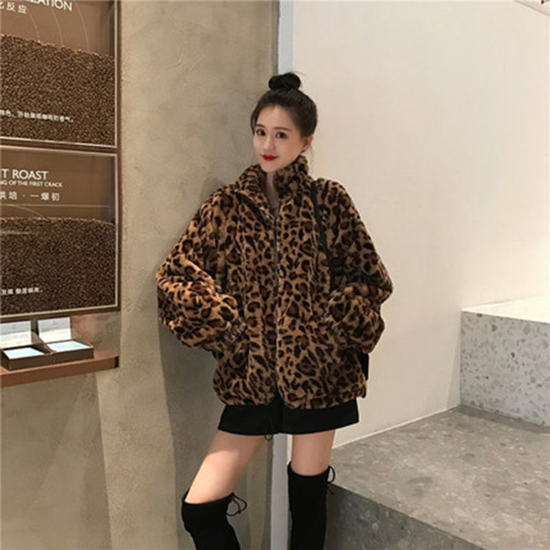 Sharon Tatem - Winter Leopard Print - Stand Collar - Warm Parka - Loose Faux Fur -