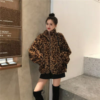 Thumbnail for Sharon Tatem - Winter Leopard Print - Stand Collar - Warm Parka - Loose Faux Fur -