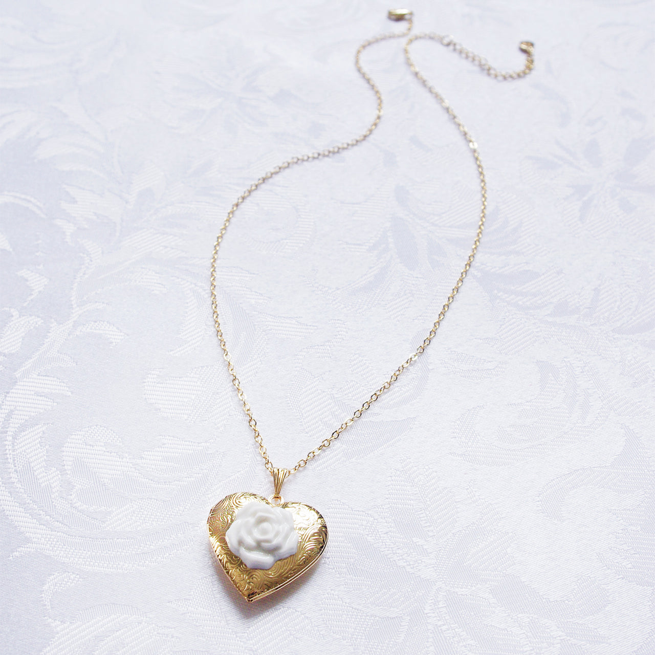 Classic Heart Locket With Porcelain Rose Pendant Necklace -